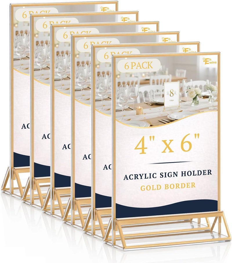 EHWINE 6 Pack Acrylic Sign Holder 4 x 6, Double Sided Gold Picture Frame Stand up Table Top Sign Holders, Clear Display Stand Menu Flyer Holder for Wedding Party - Image 1